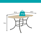 Medidas da mesa Quebec: 160 cm de comprimento, 90 cm de largura, 76 cm de altura e suporte de até 30 kg