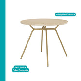 Mesa de jantar redonda 1588 com tampo off white e estrutura em tubo dourado, vista isolada