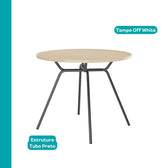 Mesa de jantar redonda 1588 com tampo off white e estrutura em tubo preto, vista isolada
