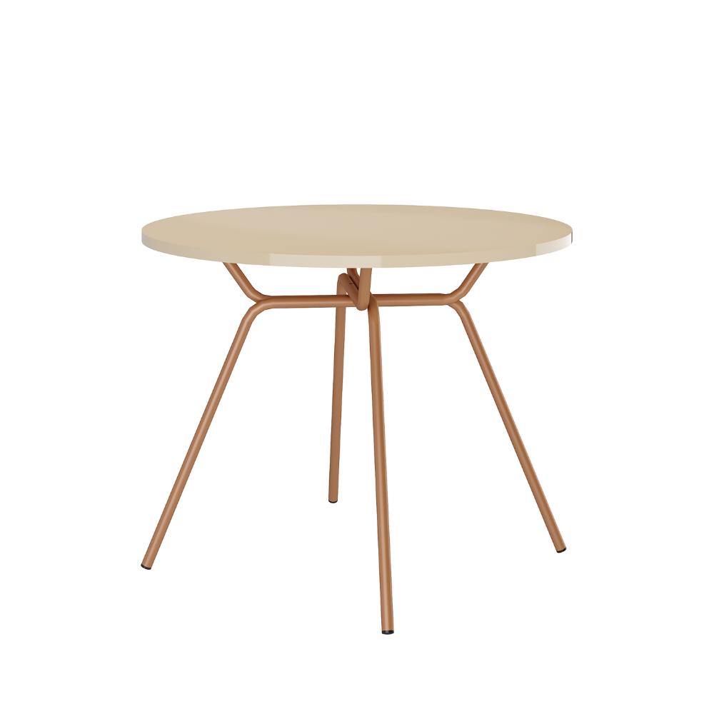 Mesa de jantar redonda 1588 Carraro com tampo off white e estrutura rosê cobre de pés inclinados, vista em ângulo