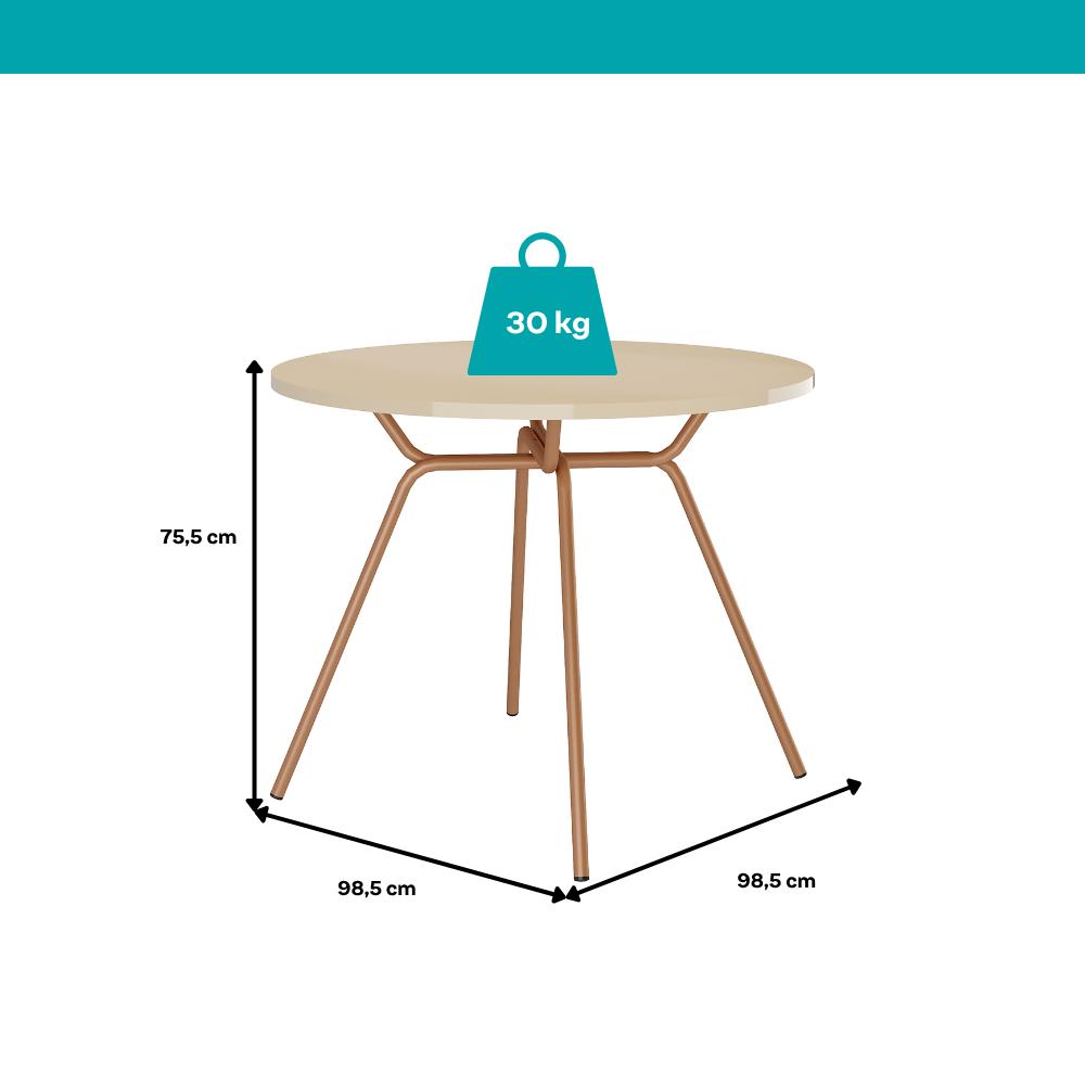 Medidas da mesa redonda 1588: 98,5 cm de diâmetro, 75,5 cm de altura e suporte de até 30 kg