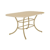Mesa de jantar retangular 1547 Carraro com tampo off white de cantos arredondados e estrutura dourada de pés curvos