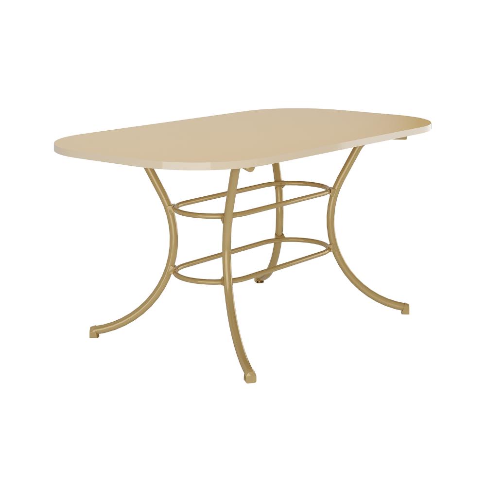 Mesa de jantar retangular 1547 Carraro com tampo off white de cantos arredondados e estrutura dourada de pés curvos