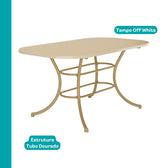 Mesa de jantar 1547 com tampo off white e estrutura em tubo dourado, vista isolada