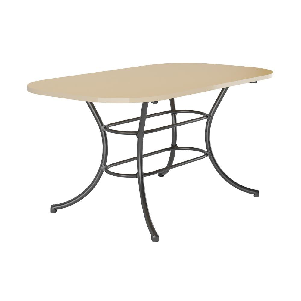 Mesa de jantar retangular 1547 Carraro com tampo off white de cantos arredondados e estrutura preta de pés curvos
