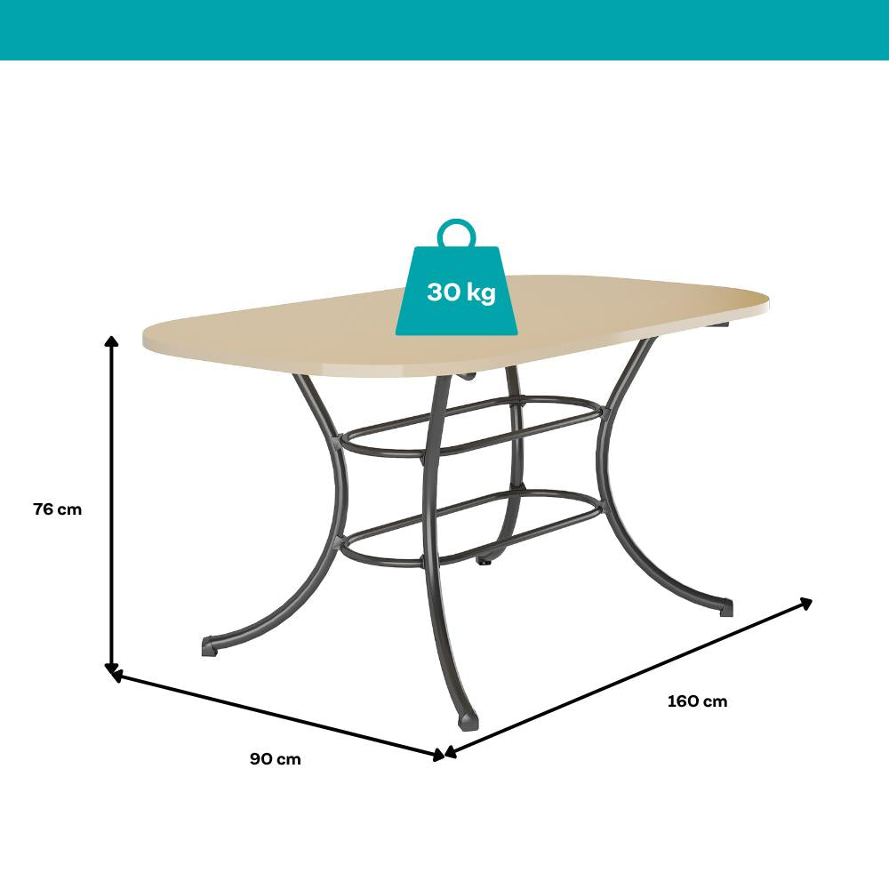Medidas da mesa 1547: 160 cm de largura, 90 cm de profundidade, 76 cm de altura e suporte de até 30 kg