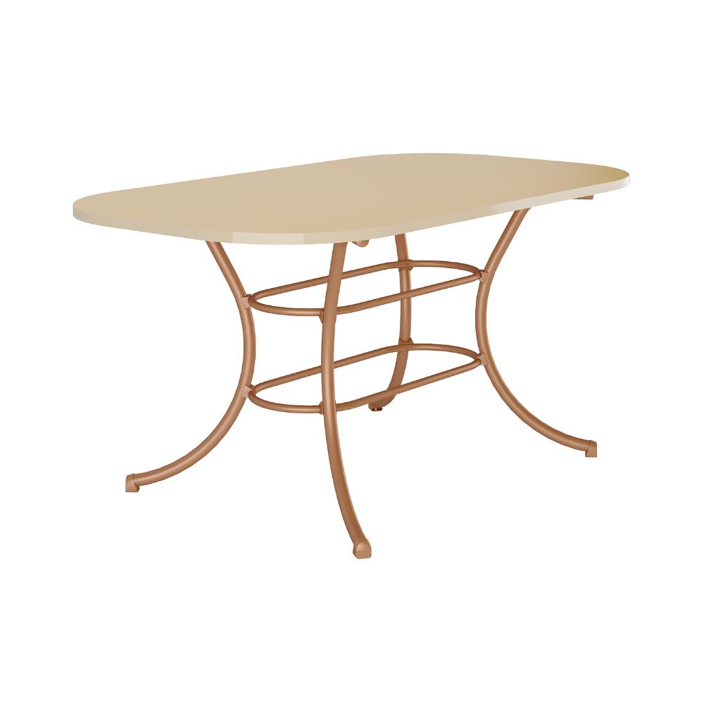 Mesa de jantar retangular 1547 Carraro com tampo off white de cantos arredondados e estrutura rosê cobre de pés curvos