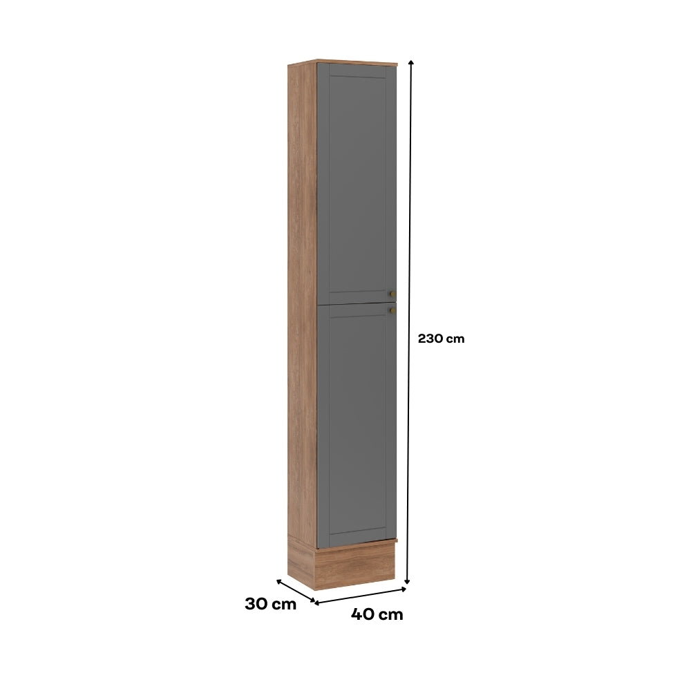 Desenho de medidas do paneleiro Milla: 40 cm de largura, 230 cm de altura e 30 cm de profundidade