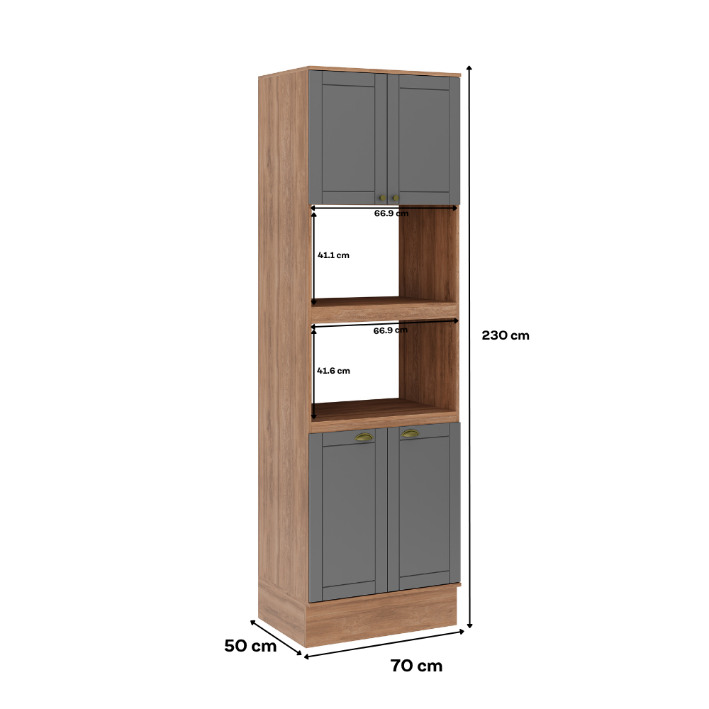 Torre quente Milla com cotas de 70 cm de largura, 230 cm de altura e 50 cm de profundidade e vãos de 66,9 cm
