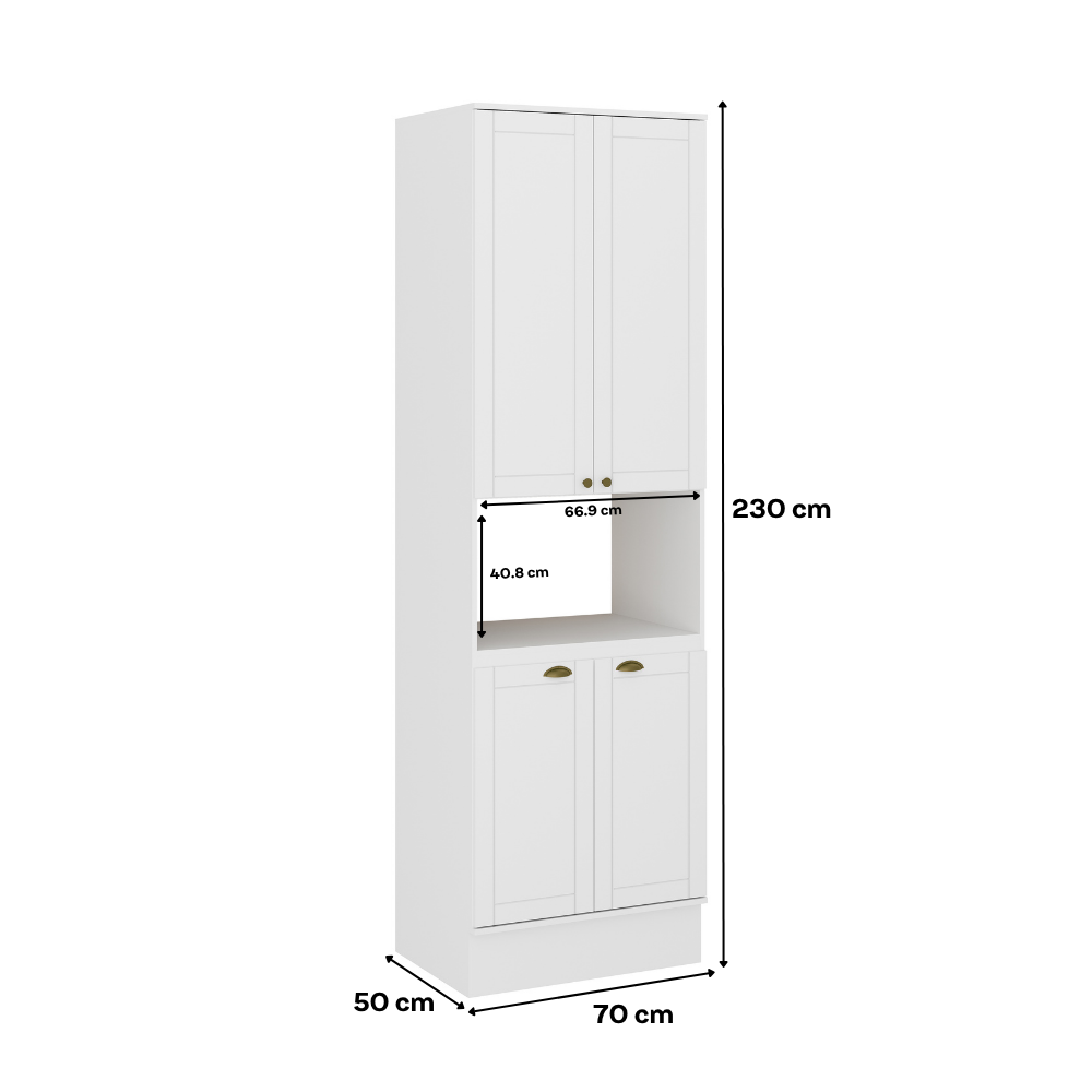 Desenho de medidas da torre quente Milla: 70 cm de largura, 230 cm de altura, 50 cm de profundidade e vão de 66,9 x 40,8 cm