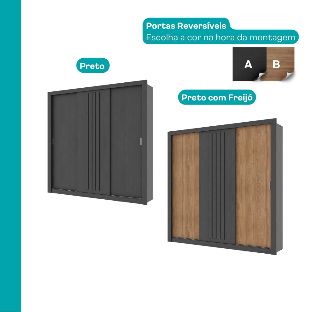Guarda Roupa Casal 3 Portas Doha Carraro Ripado Preto Touch - imagem 7