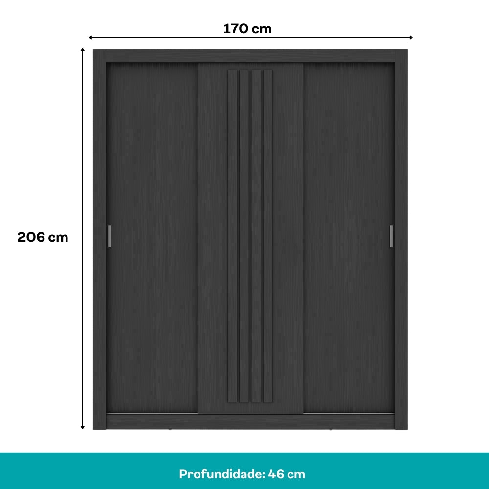 Guarda Roupa Casal 3 Portas Doha Carraro Ripado Preto Touch - imagem 3