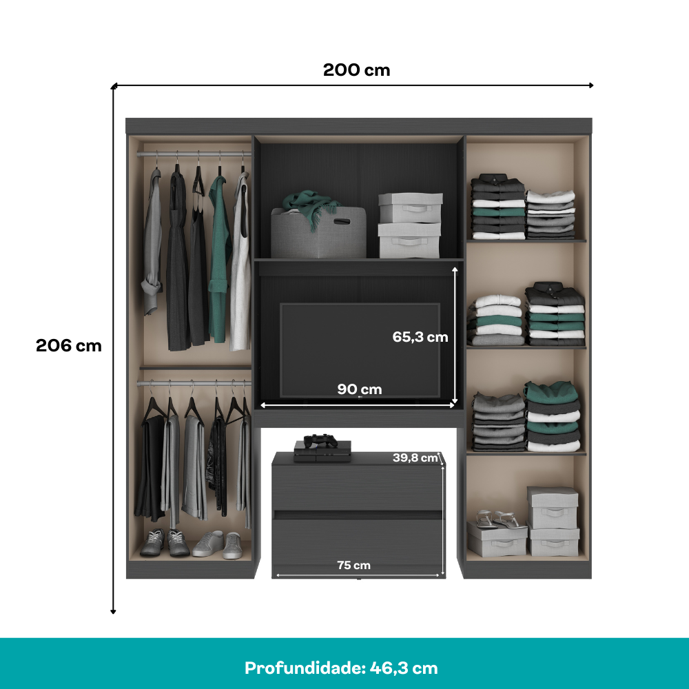 Guarda Roupa Solteiro 6 Portas 2 Gavetas Porto Carraro Preto - imagem 6