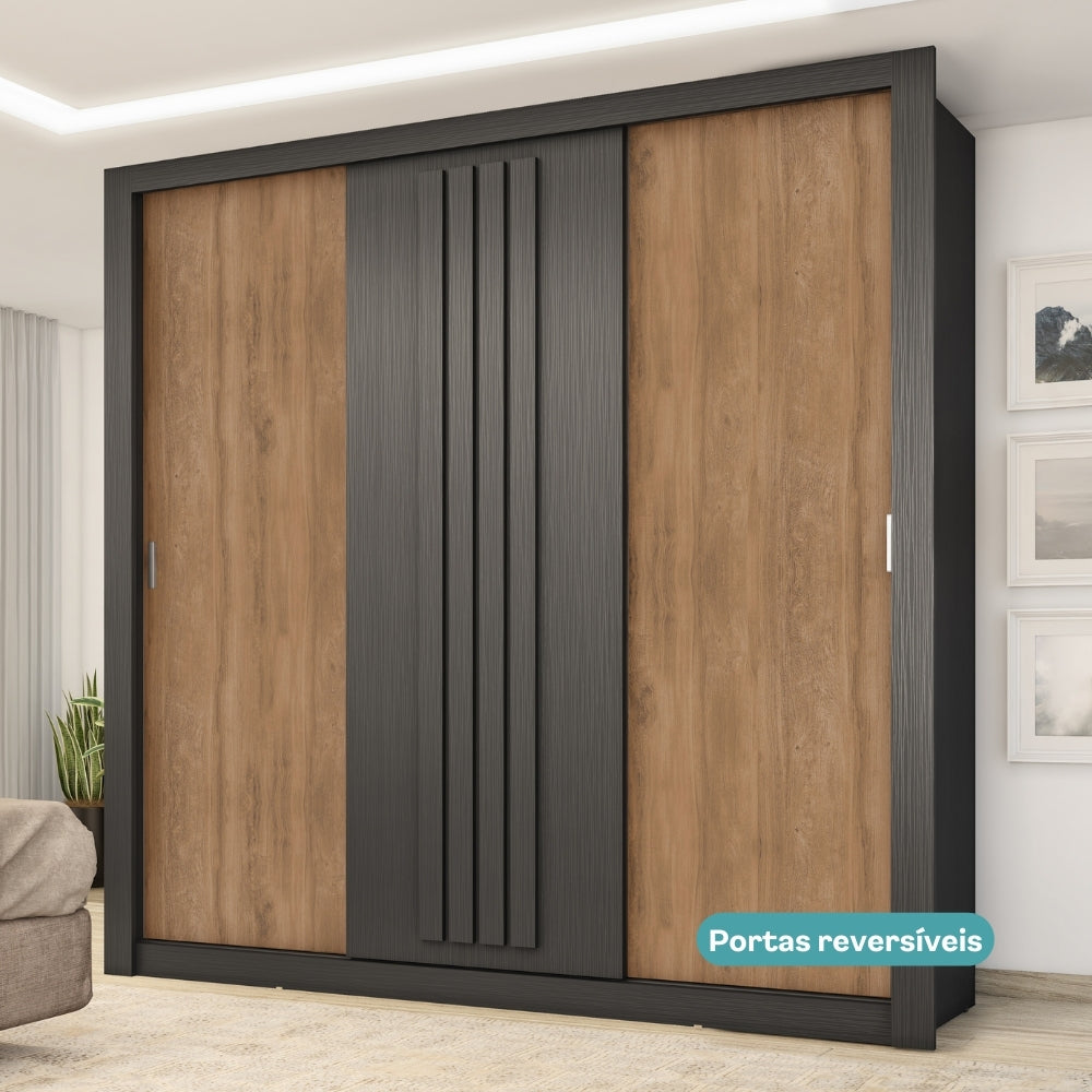 Guarda Roupa Casal 3 Portas Doha Carraro Ripado Preto Touch - imagem 8