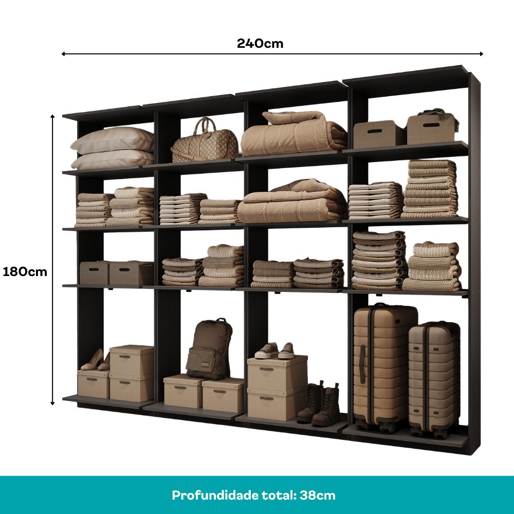 Guarda-Roupas Closet Modulado Alasca 240cm 4 Peças com 12 Prateleiras Preto Touch Carraro