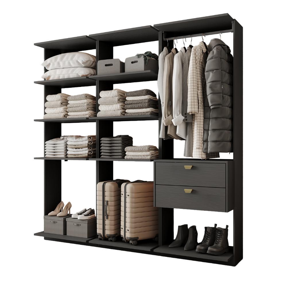 Guarda-Roupas Closet Modulado Alasca Duo 180cm 3 Peças com 2 Gavetas e Cabideiros Preto Touch Carraro