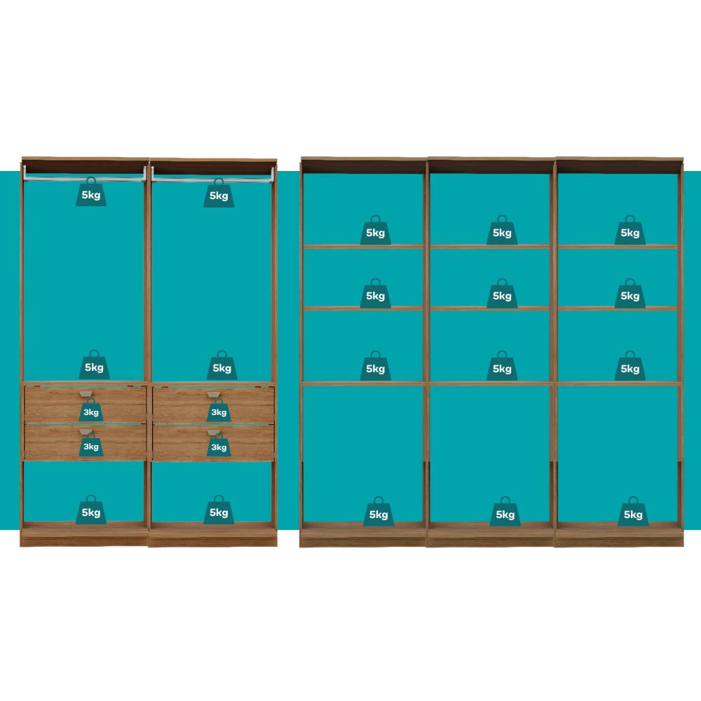 Guarda-Roupas Closet Modulado Alasca 300cm 5 Peças com 4 Gavetas e Cabideiros Freijó Carraro