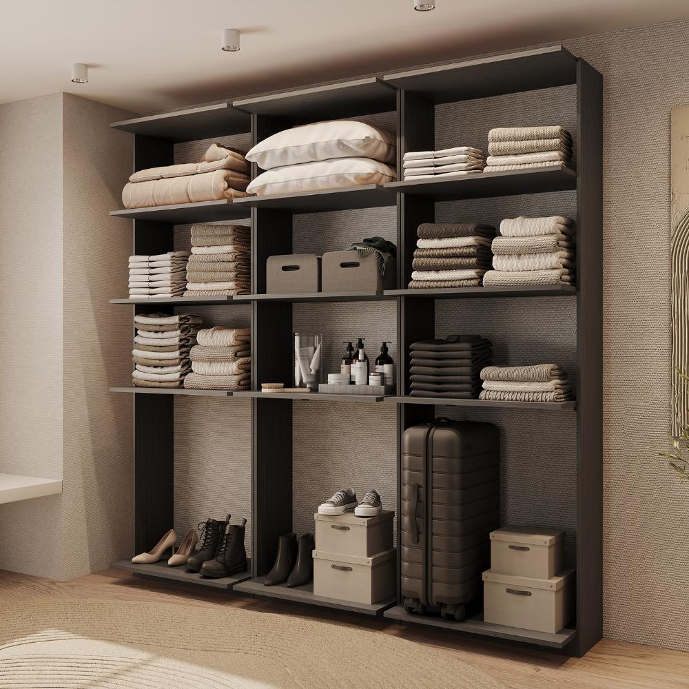 Guarda-Roupas Closet Modulado Alasca 180cm 3 Peças com 9 Prateleiras Preto Touch Carraro