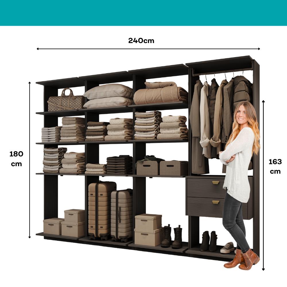 Guarda-Roupas Closet Modulado Alasca One 240cm 4 Peças com 2 Gavetas e Cabideiros Preto Touch Carraro