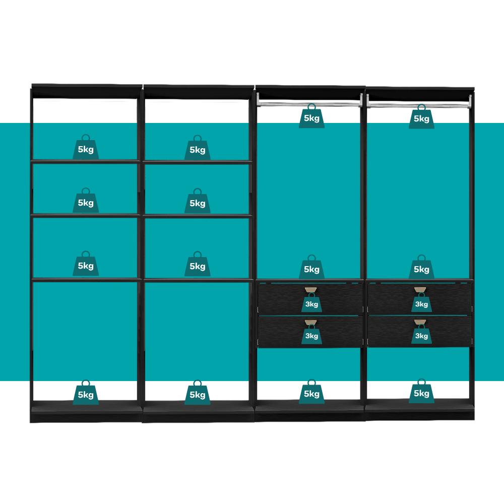 Guarda-Roupas Closet Modulado Alasca One 240cm 4 Peças com 4 Gavetas e Cabideiros Preto Touch Carraro