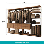 Guarda-Roupas Closet Modulado Alasca 240cm 4 Peças com 6 Gavetas e Cabideiros Freijó Carraro