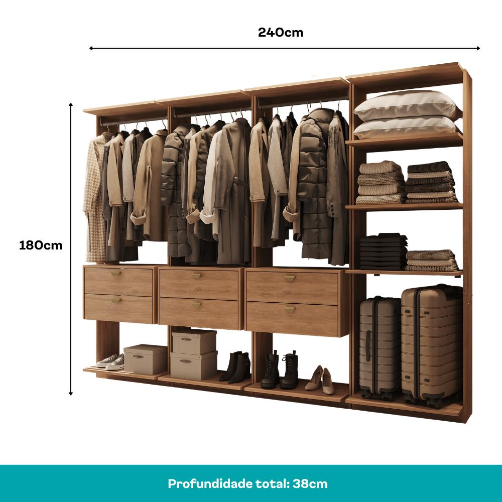 Guarda-Roupas Closet Modulado Alasca 240cm 4 Peças com 6 Gavetas e Cabideiros Freijó Carraro