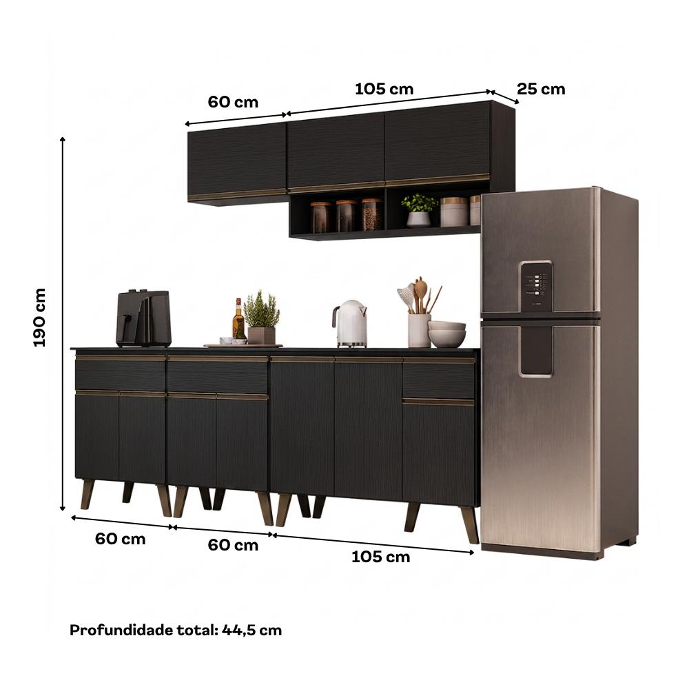 Armário de Cozinha Completa Atlanta Graphite Carraro Preto Touch