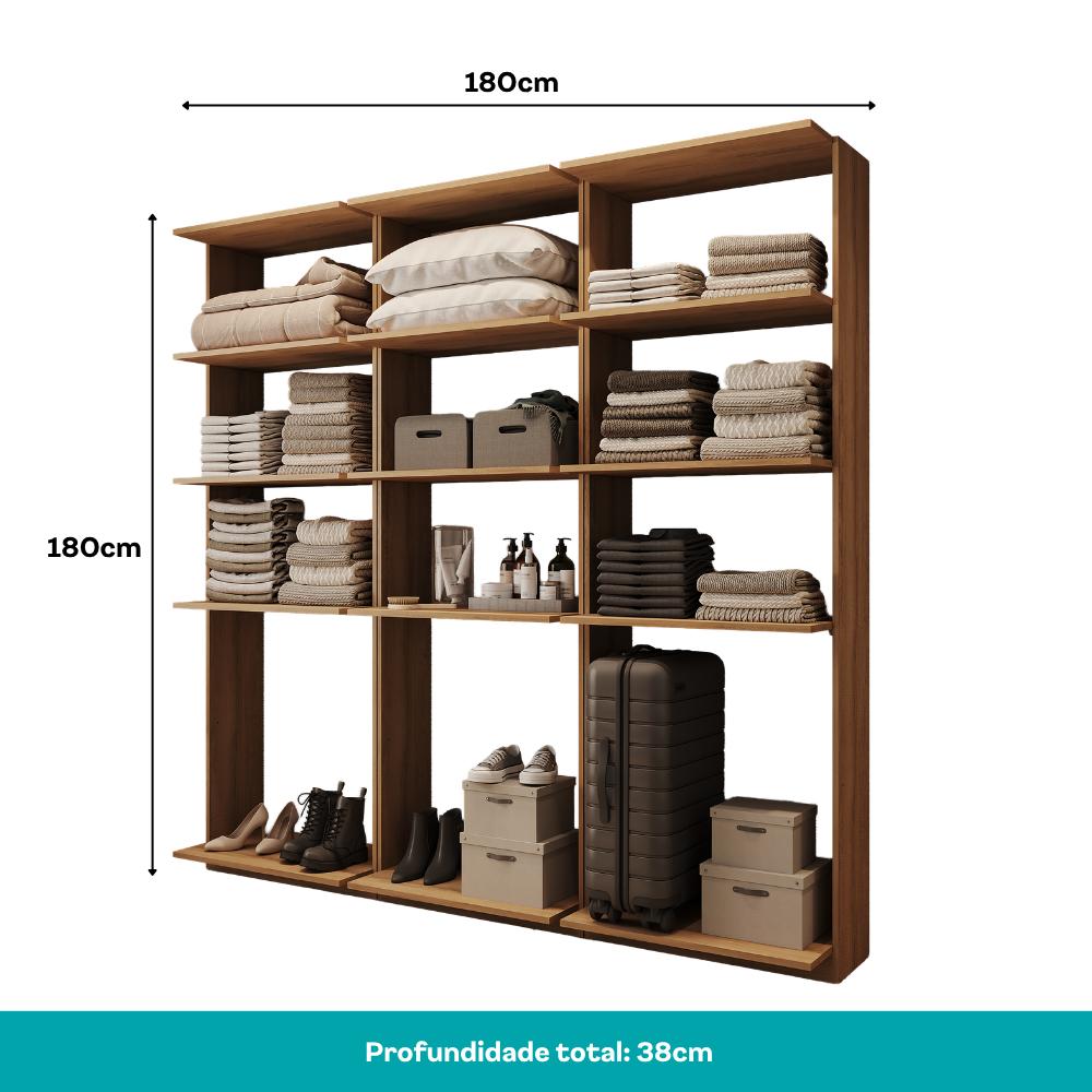 Guarda-Roupas Closet Modulado Alasca 180cm 3 Peças com 9 Prateleiras Freijó Carraro