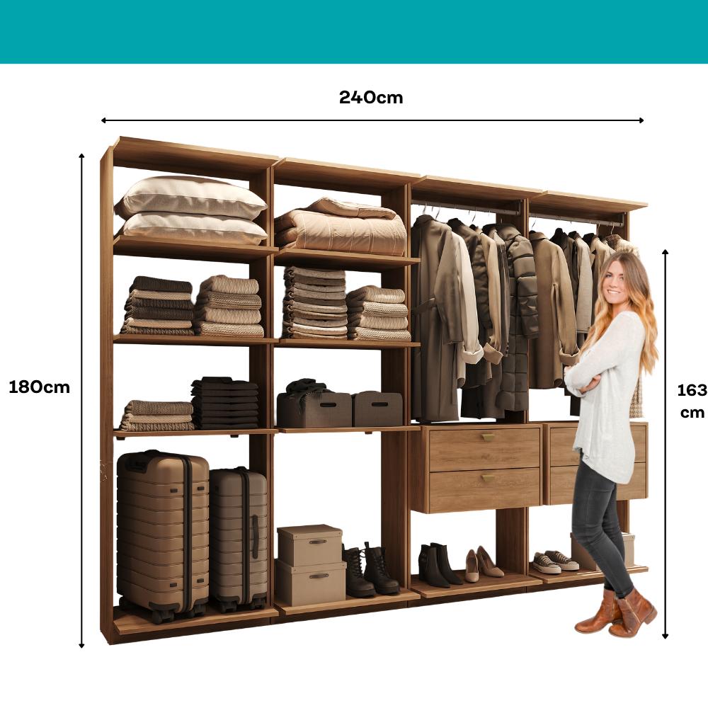 Guarda-Roupas Closet Modulado Alasca One 240cm 4 Peças com 4 Gavetas e Cabideiros Freijó Carraro
