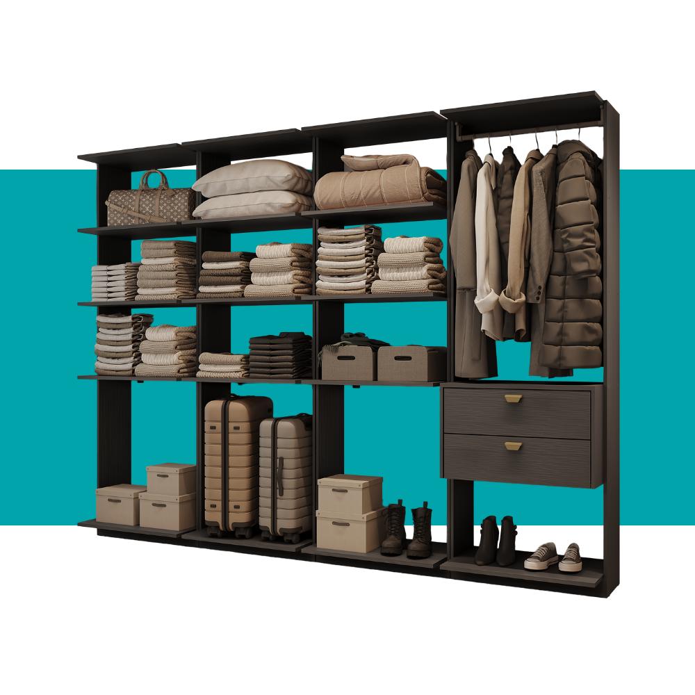 Guarda-Roupas Closet Modulado Alasca One 240cm 4 Peças com 2 Gavetas e Cabideiros Preto Touch Carraro