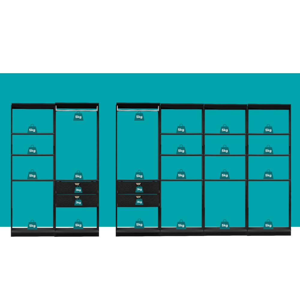 Guarda-Roupas Closet Modulado Alasca One 360cm 6 Peças com 4 Gavetas e Cabideiros Preto Touch Carraro
