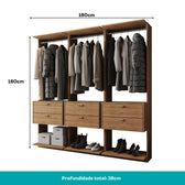Guarda-Roupas Closet Modulado Alasca 180cm 3 Peças com 6 Gavetas e Cabideiros Freijó Carraro