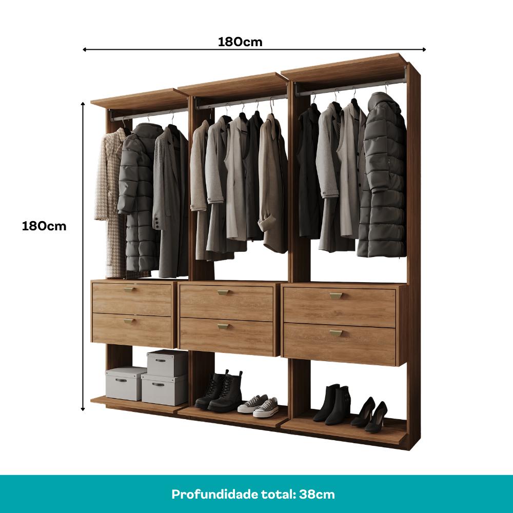 Guarda-Roupas Closet Modulado Alasca 180cm 3 Peças com 6 Gavetas e Cabideiros Freijó Carraro