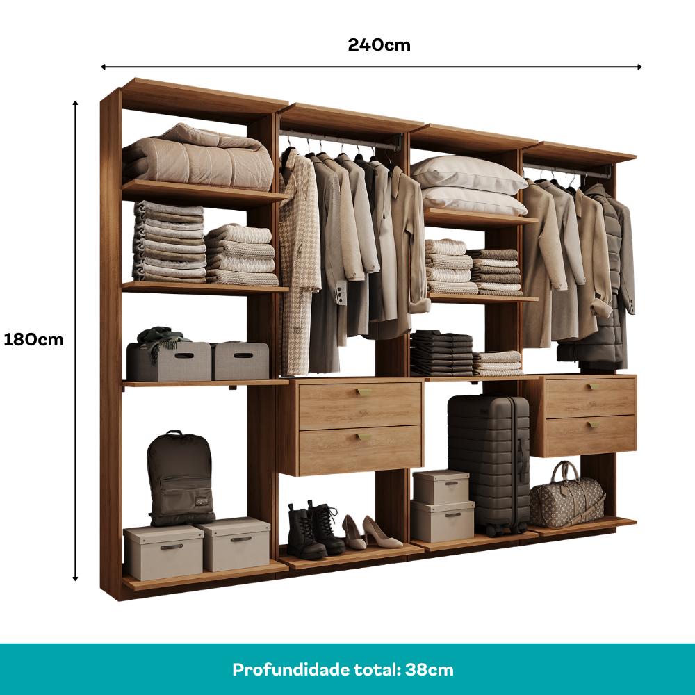 Guarda-Roupas Closet Modulado Alasca Duo 240cm 4 Peças com 4 Gavetas e Cabideiros Freijó Carraro