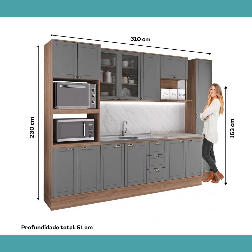 Armário de Cozinha Completa com Balcão Milla Ultra Pro Carraro Nogal com Cinza Titânio