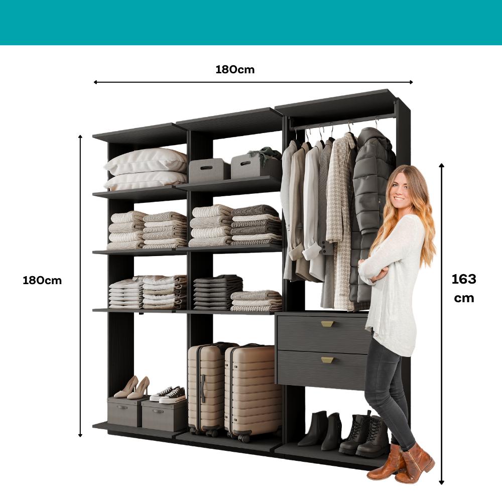 Guarda-Roupas Closet Modulado Alasca Duo 180cm 3 Peças com 2 Gavetas e Cabideiros Preto Touch Carraro
