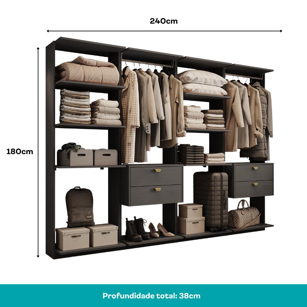 Guarda-Roupas Closet Modulado Alasca Duo 240cm 4 Peças com 4 Gavetas e Cabideiros Preto Touch Carraro