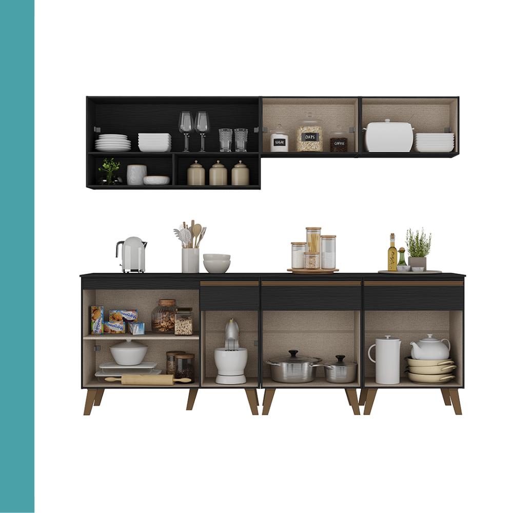 Armário de Cozinha Completa Atlanta Nexo com Vidro Carraro Preto Touch