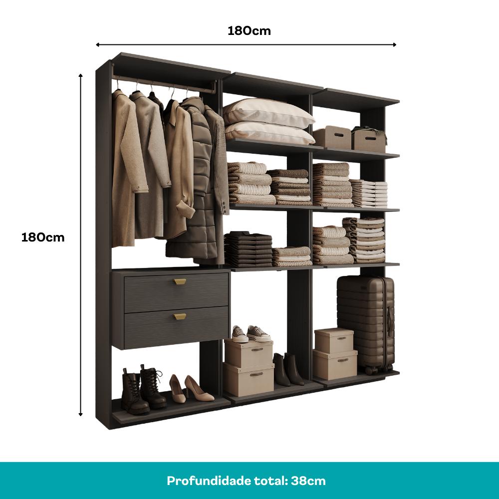 Guarda-Roupas Closet Modulado Alasca 180cm 3 Peças com 2 Gavetas e Cabideiros Preto Touch Carraro