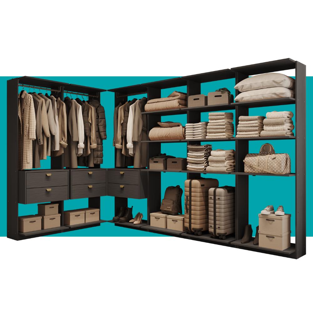 Guarda-Roupas Closet Modulado Alasca 360cm 6 Peças com 6 Gavetas e Cabideiros Preto Touch Carraro