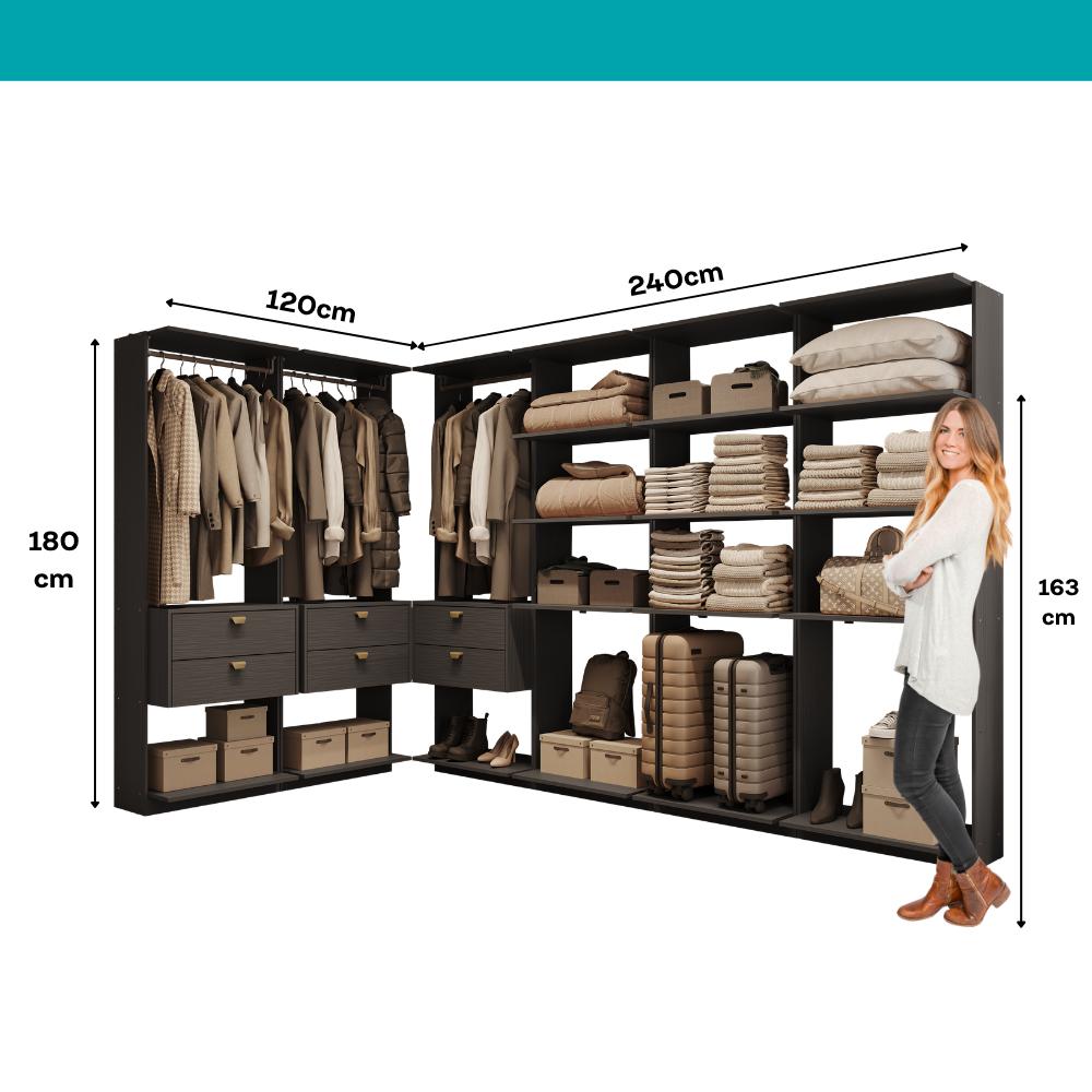Guarda-Roupas Closet Modulado Alasca 360cm 6 Peças com 6 Gavetas e Cabideiros Preto Touch Carraro