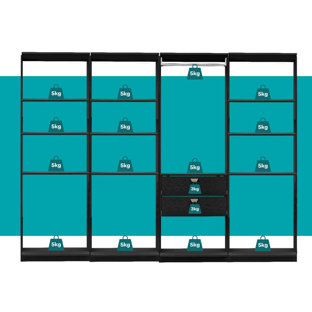 Guarda-Roupas Closet Modulado Alasca 240cm 4 Peças com 2 Gavetas e Cabideiros Preto Touch Carraro