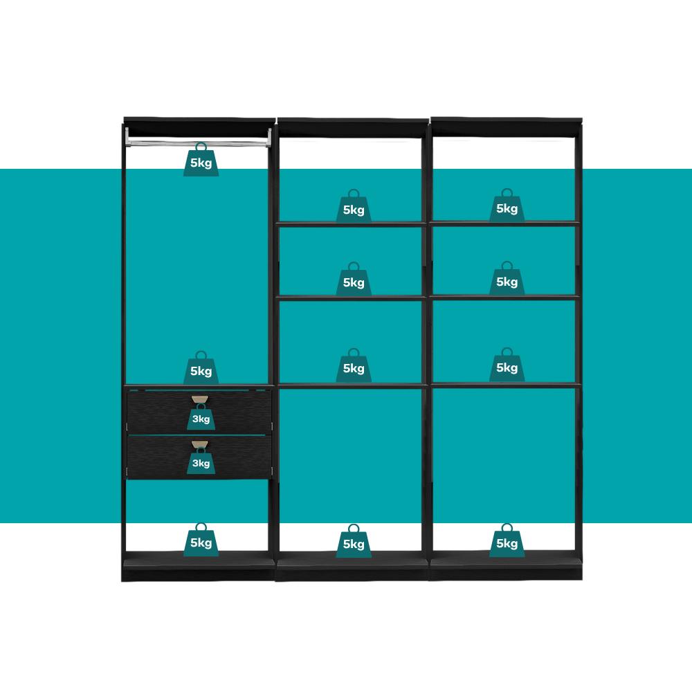 Guarda-Roupas Closet Modulado Alasca 180cm 3 Peças com 2 Gavetas e Cabideiros Preto Touch Carraro