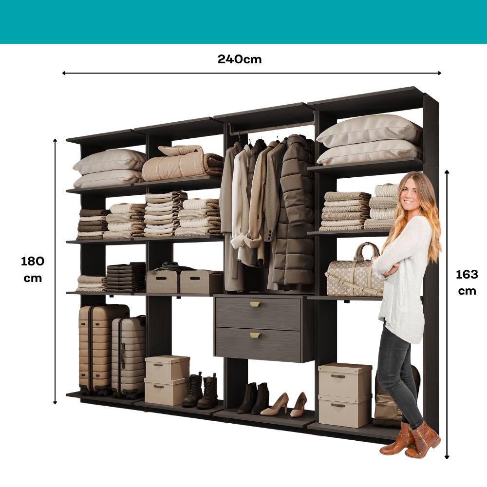 Guarda-Roupas Closet Modulado Alasca 240cm 4 Peças com 2 Gavetas e Cabideiros Preto Touch Carraro