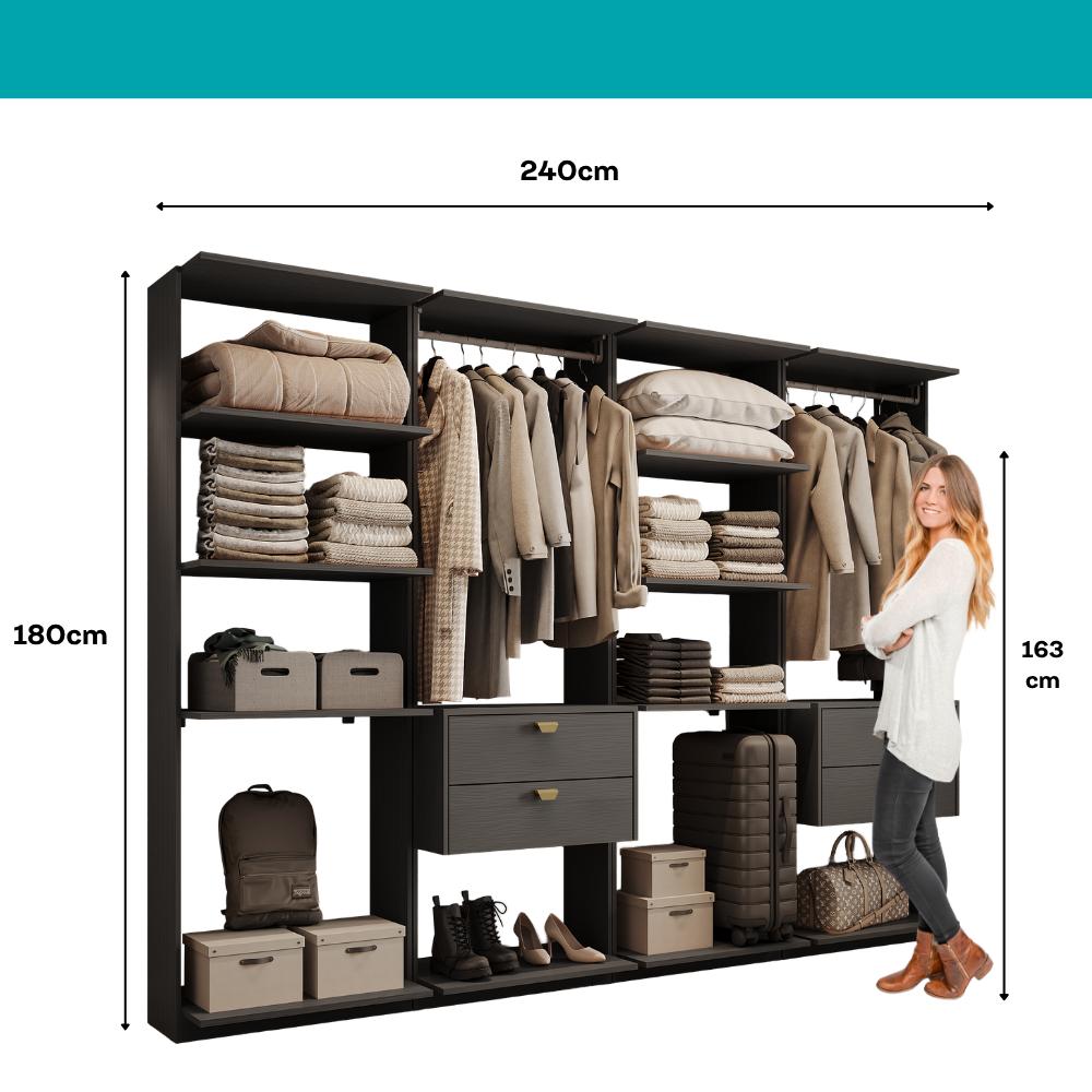 Guarda-Roupas Closet Modulado Alasca Duo 240cm 4 Peças com 4 Gavetas e Cabideiros Preto Touch Carraro