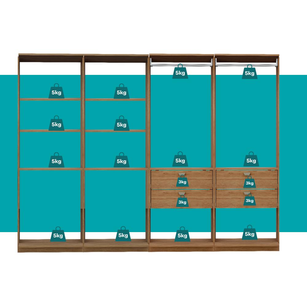 Guarda-Roupas Closet Modulado Alasca One 240cm 4 Peças com 4 Gavetas e Cabideiros Freijó Carraro