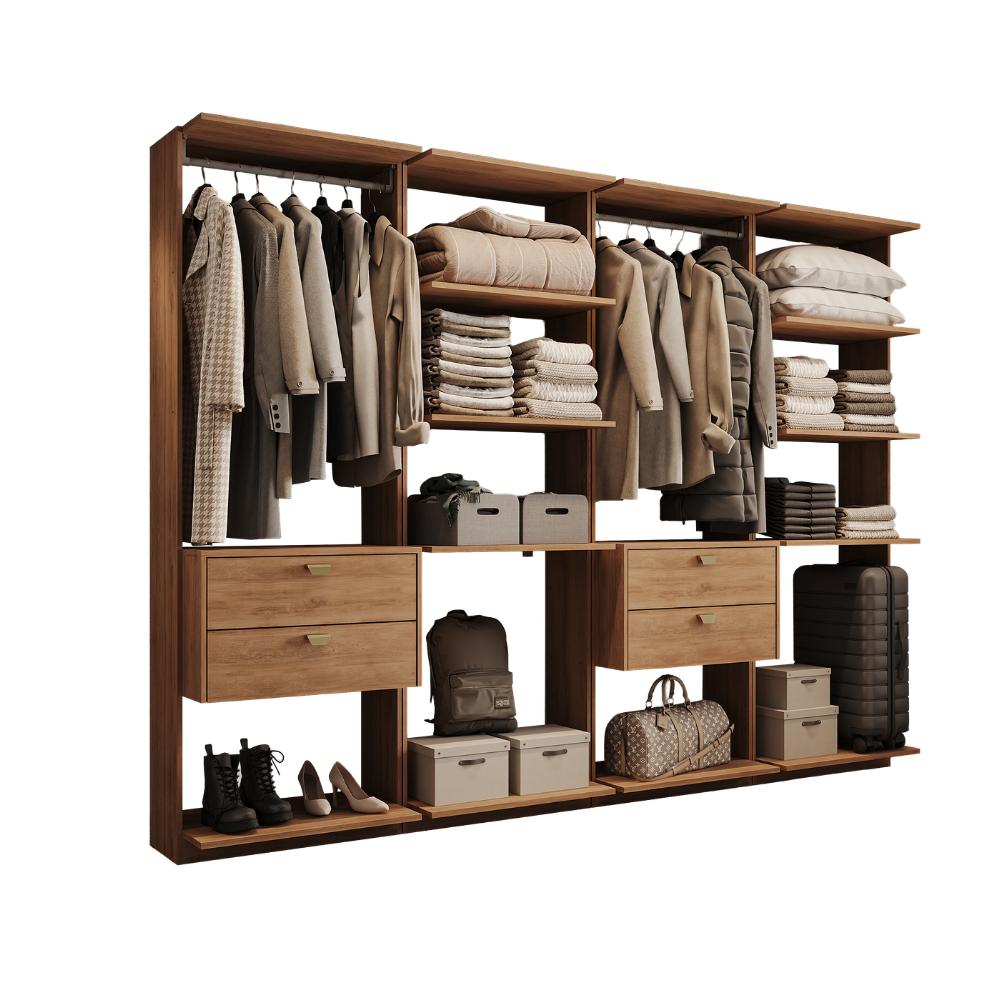 Guarda-Roupas Closet Modulado Alasca 240cm 4 Peças com 4 Gavetas e Cabideiros Freijó Carraro
