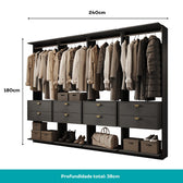 Guarda-Roupas Closet Modulado Alasca 240cm 4 Peças com 8 Gavetas e Cabideiros Preto Touch Carraro