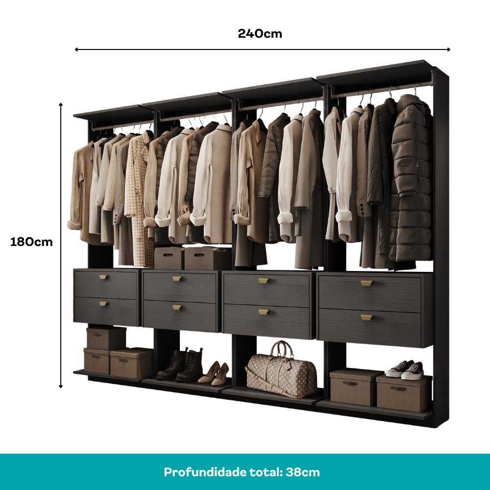 Guarda-Roupas Closet Modulado Alasca 240cm 4 Peças com 8 Gavetas e Cabideiros Preto Touch Carraro