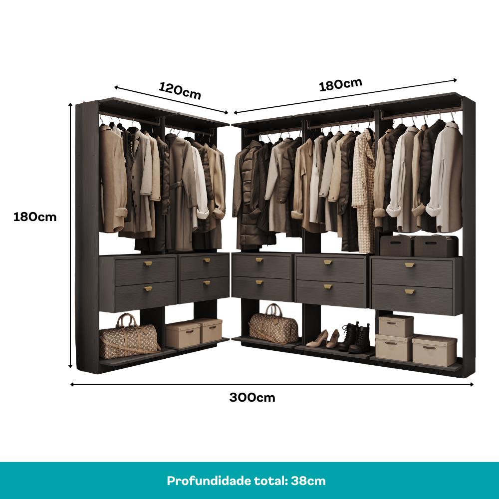 Guarda-Roupas Closet Modulado Alasca 300cm 5 Peças com 10 Gavetas e Cabideiros Preto Touch Carraro